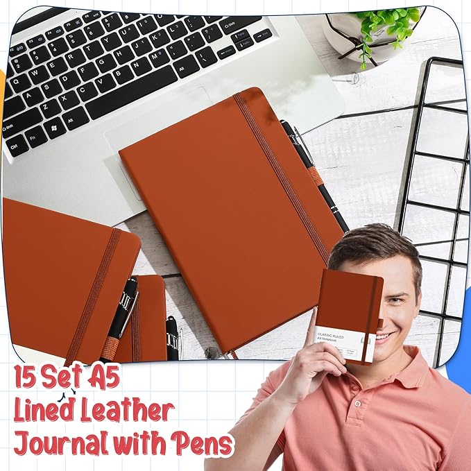 15 Pack Journal Notebook Bulk A5 Hardcover Notebook Classic Journal Set with Pen Holder with 15 Pcs Pens for School Business Work Travel Writing (Brown)
