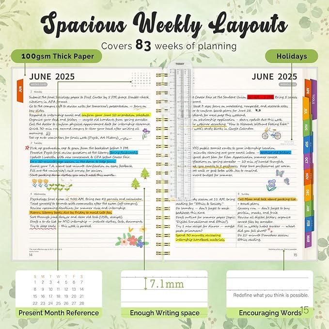 Jun 2025-Dec 2026 Academic Monthly Weekly Daily Planner for School, 19 Months Calendar 25-26 Planning Book with Colorful Tabs, 8.5" x 11" Mid Year College Organizer for Student Teacher (Greenery)