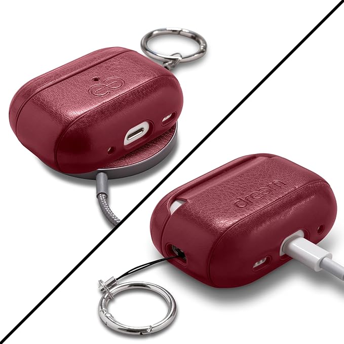 Dreem Om Case Cover with Keychain Clip Compatible with AirPods Pro 2/Pro, Protective One-Piece Hard Shell, Luxury Vegan Leather AirPod Pro Case 2nd/1st Generation with Separate Clip [Burgundy]