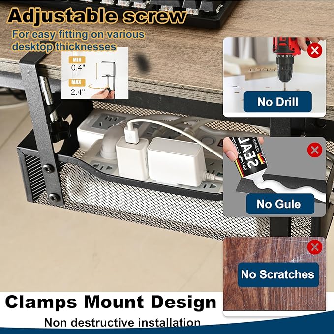 Large Under Desk Cable Management Tray - Heavy Duty Metal Cord Organizer with No Drill Installation for Office & Home Office Desks to Hide Wires & Power Strips (Black, XL)