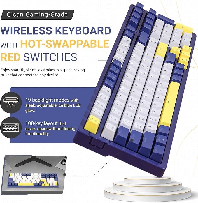 Qisan Wireless/Wired Mechanical Keyboard, Triple Mode 2.4G/USB-C/BT Wireless Gaming Keyboard, 100 Keys (98%) US Layout Red Switch Rechargeable Backlit Keyboards | Dark Blue & Yellow & White Combo