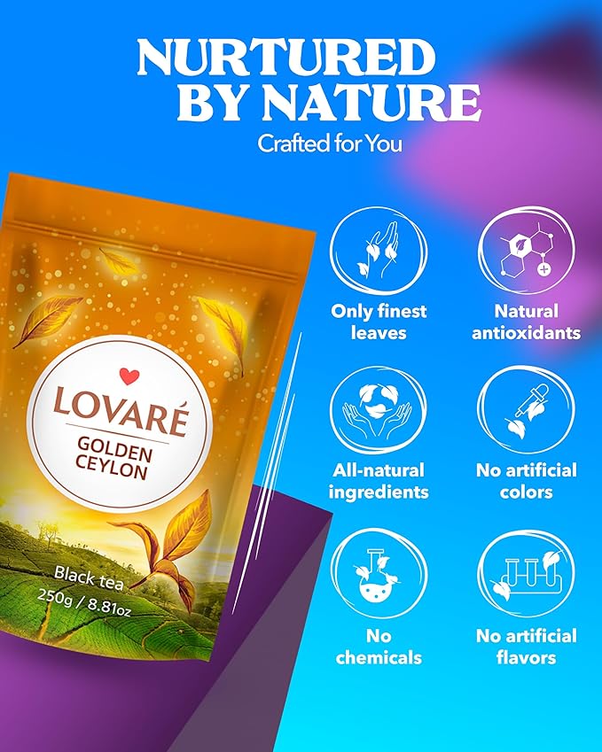 LOVARE Golden Ceylon Tea Pouch - Loose Leaf Tea 250 g - Made in Ukraine - Doypack with Ceylon Black Tea from Sri Lanka - Gift Box Sets for tea Lovers