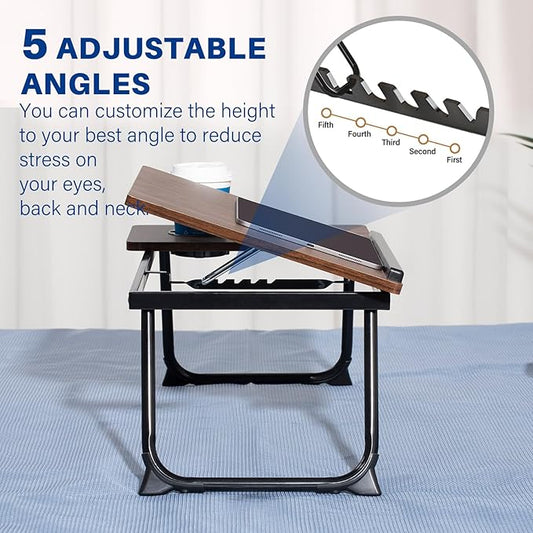 Laptop Desk for Bed Couch, Adjustable Foldable Bed Table with Cup Holder, Breakfast Serving Tray, Portable Laptop Lap Desk Stand for Working Reading Writing Eating Gaming in Bed Sofa Floor(DarkWalnut)