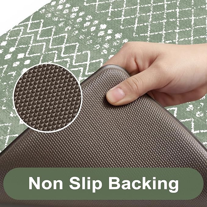 KIMODE Anti Fatigue Kitchen Mats for Floor, Boho Kitchen Rugs Sets of 2, Cushioned Kitchen Floor Mats, Comfort Standing Mat for Sink Laundry Office Desk Green 17"x59"+17"x29"