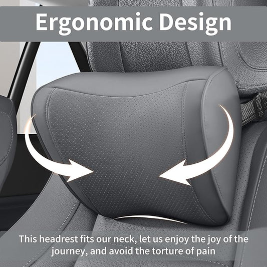 Car Headrest Pillow 100% Memory Foam, Breathable Removable Leather Cover, Premium Seat Support Head Neck Cushion for Driving Travel Home Office, Gray, 2 Pack