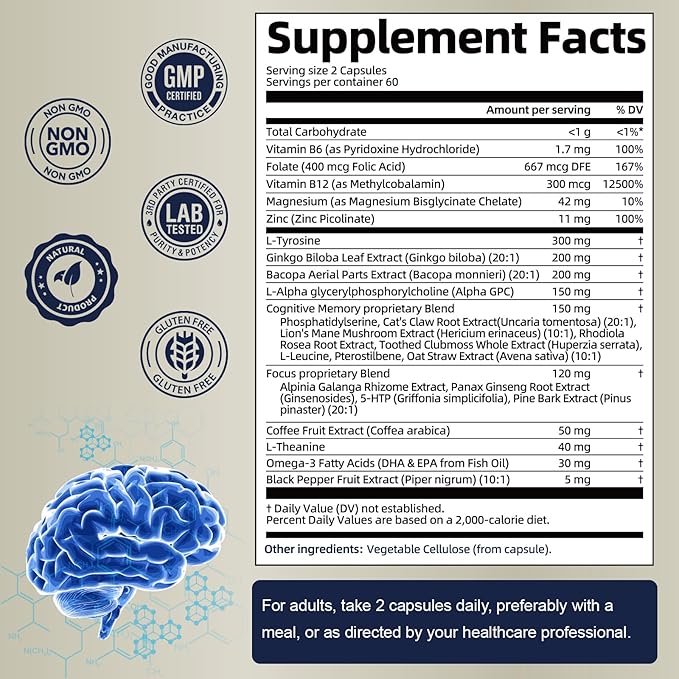 25 in 1 Brain Supplements for Memory and Focus & Neuro Health - Daily Brain Nootropic Cognitive Supplement with L-Tyrosine, Bacopa Monnieri, Ginkgo Biloba, Alpha GPC - Non-GMO, Gluten Free