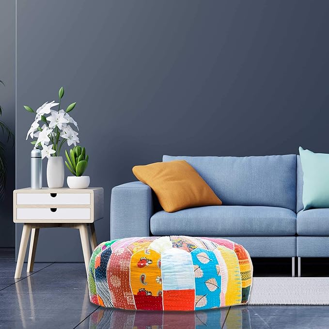 Mandala Life ART Indian Vintage Colorful Pouf Ottoman Cover Handmade Round Floor Cushion Pillow Patchwrok Recycled Cotton Bohemian Room Décor for Yoga and Boho Chic Seating Area 24x8 Unstuffed