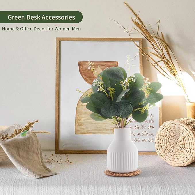 Artificial Eucalyptus Greenery Stems in Ceramic Vase,10Pcs Fake Plants Eucalyptus Leaves faux Plants for Centerpiece Table Decorations Home Room Decor office desk decor Greenery Decor indoor (White)