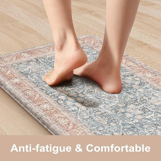 KIMODE Anti Fatigue Kitchen Mat,Farmhouse Kitchen Rugs Sets of 2,Non Slip Waterproof Vintage Kitchen Floor Mats,Cushioned Comfort Standing Mat for Sink,Desk,Laundry,Office,Orange/Blue