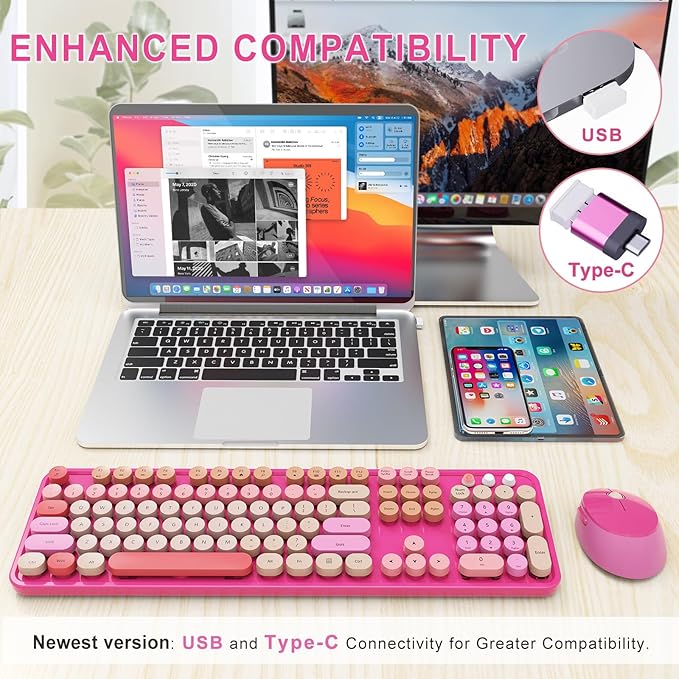 Wireless Keyboard and Mouse Combo, Ergonomic Full Size Typewriter Retro Round Keycaps Keyboard, Compatible with Windows, PC, Perfer for Home and Office Keyboards （Red）