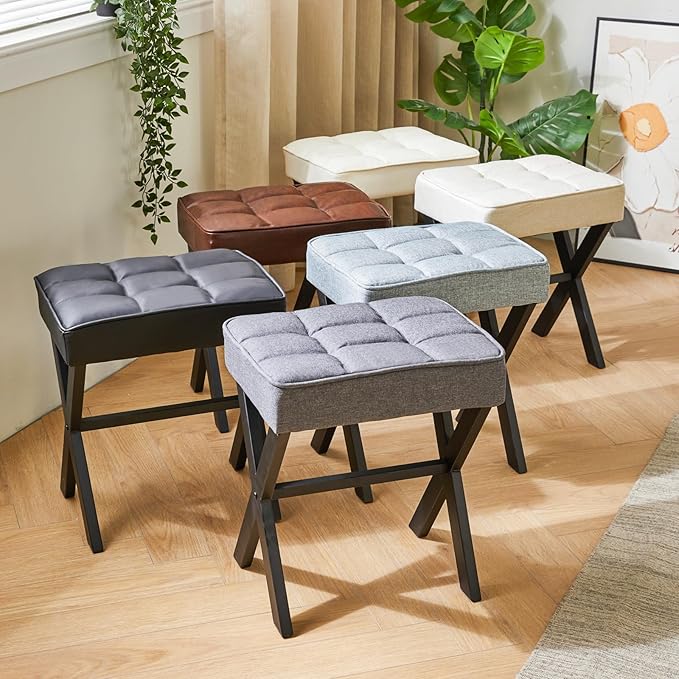 IBUYKE Square Makeup Stool with X-Leg Foot Rest, PU Footrest, Ottoman Seat Vanity Stool, Multi-Use as Small Side Table, for Bedroom, Living Room, White LG-71W