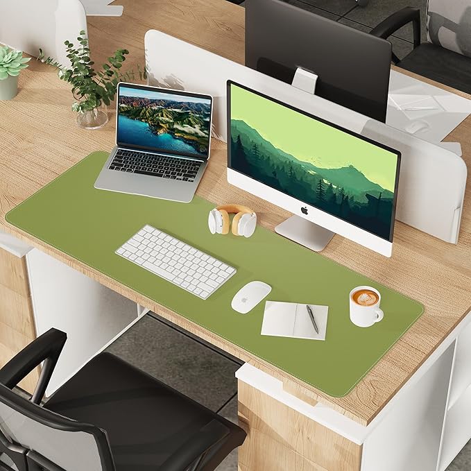 Leather Desk pad Protector, Large Desk mat with Natural Cork & PU Leather,Mouse pad,Non-Slip Office Desk Mat,Waterproof Desk Writing Pad for Office and Home (47in*17in, Olive Green)