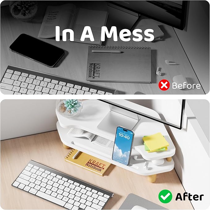 Monitor Stand Riser,2 Tier Corner Wood Monitor Stand Sturdy Computer Stand Multi-Purpose Desktop Storage Stand for Laptop,PC,iMac,Printer,Computer,White