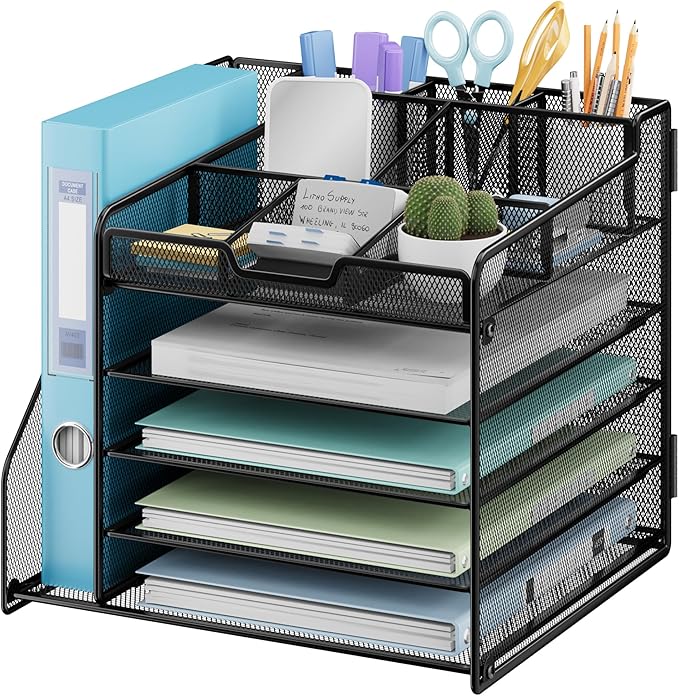 Lavatino Desk Organizer, 5-Tier Metal Mesh Paper Letter Tray with 1 File Holders & 7 Flexible Dividers for Office or Home Desk Organizers and Accessories, Keep Workspace Supplies Neat, Black