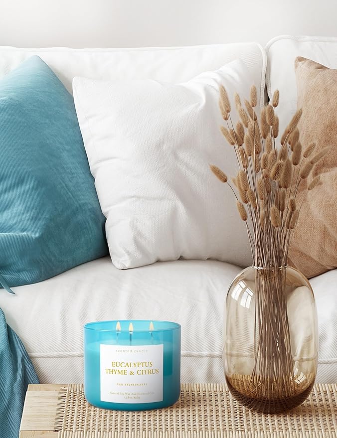 Eucalyptus Thyme Citrus Scented Candle - Large 3 Wick Soy Candle 15.8 oz - Aromatherapy Candle for Relaxation & Stress Relief - Calming Herbal Spa Scent - Long Lasting Candles for Women & Men