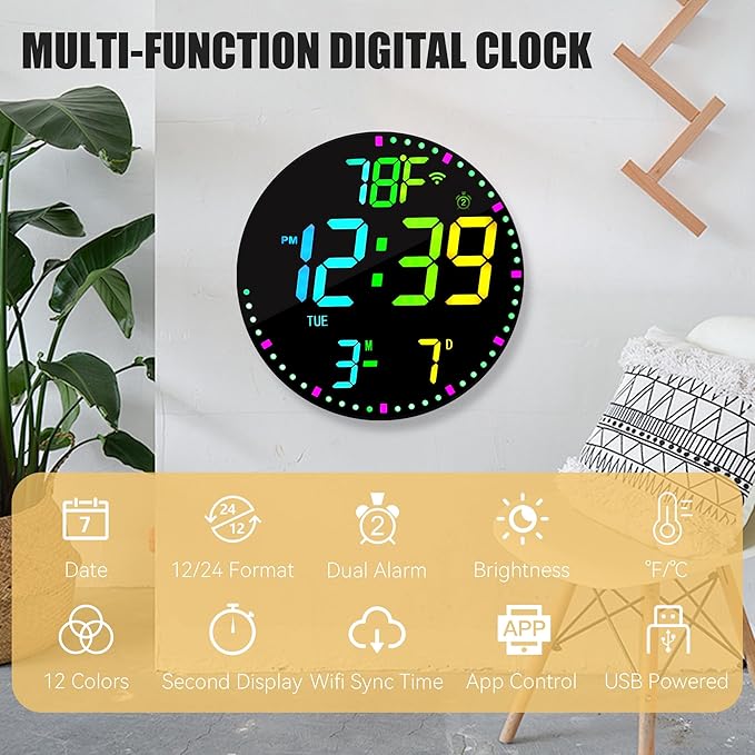 Kasbin 12” Digital Wall Clock with App Control, Large LED, WiFi Sync, Date Temperature, Auto Brightness, Seconds Display, Dual Alarm, 12 RGB Colors for Living Room, Office, Bedroom, Gift for Elderly