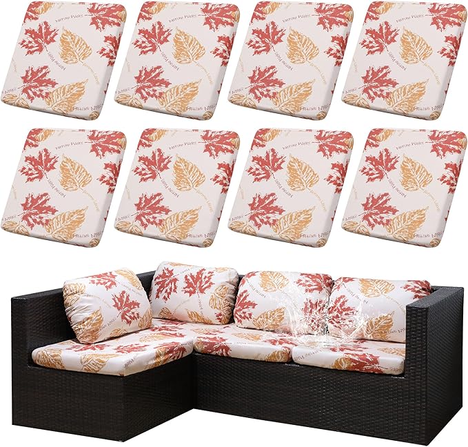 8Pcs Stretch Patio Cushion Covers Outdoor Cushion Cover, Jacquard Stretch Cushion Covers, Cover Replacement, Outdoor Sofa Covers, Washable Furniture Couch Cushion Cover (Red Maple)