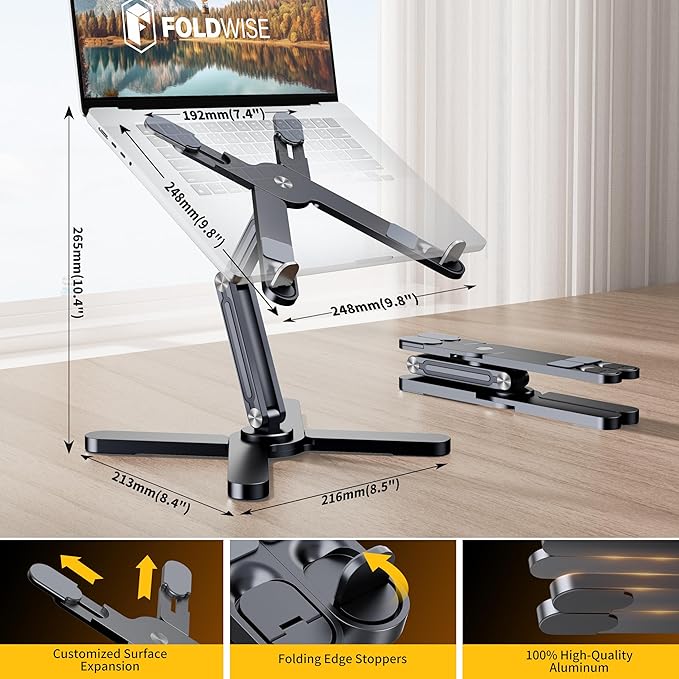 FoldWise X Premium Laptop Stand for Desk - 100% Aluminum, Portable & 360° Rotating - Adjustable Height & Angles Laptop Riser - Sturdy & Foldable MacBook Stand Compatible with All 11-18” Devices