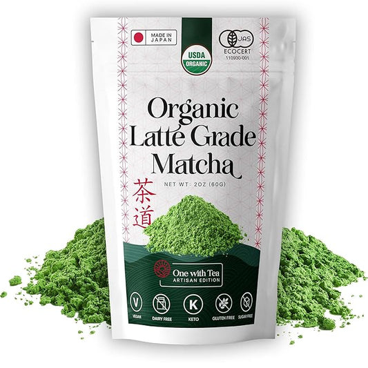 ONE WITH TEA Organic Matcha Latte Powder – Japanese Green Tea, USDA Organic, Made in Japan, 2oz | For Hot & Iced Drinks, Smoothies & Lattes
