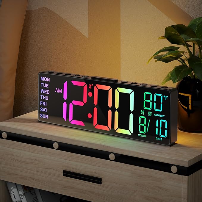 JALL 10.5'' Digital Large Alarm Clock with 8-in-1 RGB Colors, Date, Month, Temperature LED, Auto DST, Modern for Desk, Wall, Living Room, Bedroom, Birthday Xmas Gift (Black, 10.5 inches)