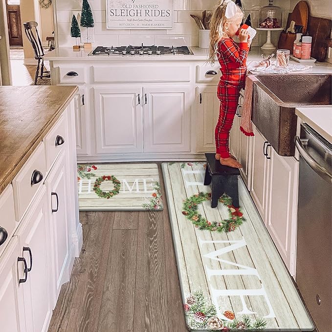 KIMODE Christmas Kitchen Mat 2PCS,Anti Fatigue Farmhouse Kitchen Rugs Non Slip,Waterproof Kitchen Floor Mat,Cushioned Comfort Standing Mat,Christmas Decorations for Home Kitchen