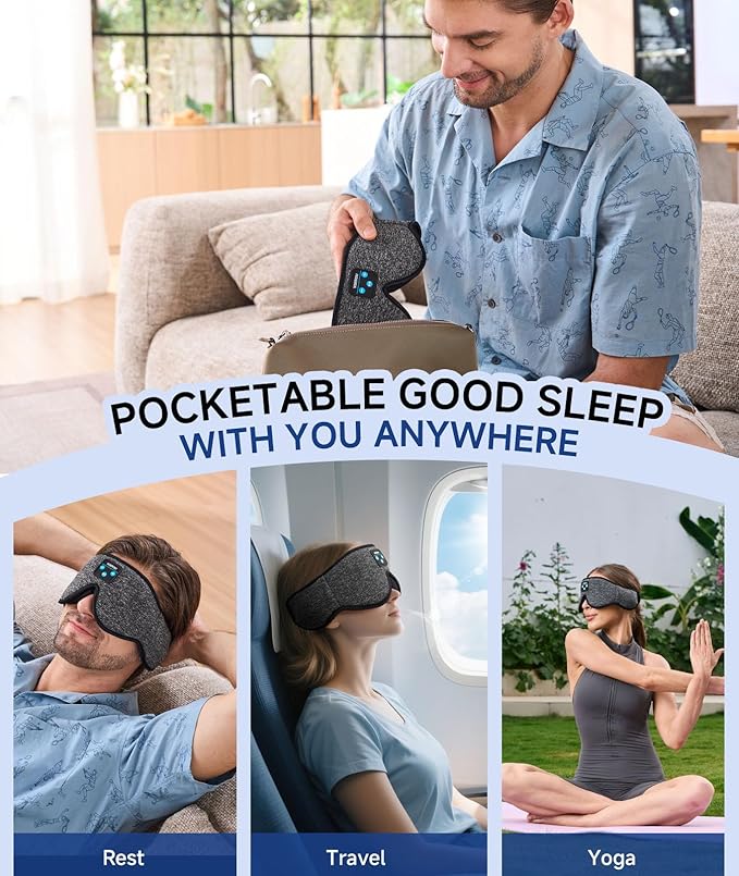 Voerou Sleep Mask with Bluetooth Headphones, Zero Pressure Wireless Sleeping Eye Mask, 100% Light Blocking Sleep Headphones for Side Sleepers, Suitable for Sleep Nap Travel, Cool Gadgets Unique Gifts