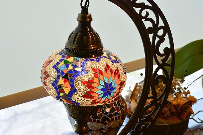 mozaist Turkish Mosaic Crescent Shape Table Lamp, Moroccan Moon Boho Handmade Desk Light, Farmhouse Rustic Living Room Decorative Lighting, Bedside Nightstand with E12 Socket & US Plug (Multicolor)
