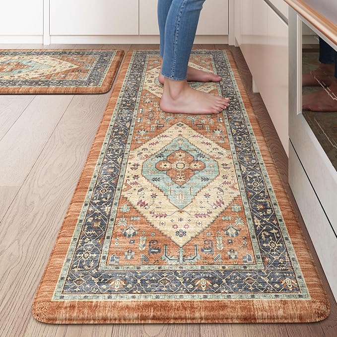 KIMODE Anti Fatigue Kitchen Mat 20"x47"+20"x32", Boho Distressed Kitchen Rugs Sets of 2, Kitchen Mats for Floor Cushioned Non Slip, Comfort Kitchen Floor Mats for Sink, Laundry, Desk Orange