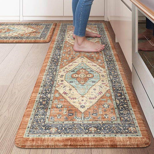 KIMODE Anti Fatigue Kitchen Mat 20"x47"+20"x32", Boho Distressed Kitchen Rugs Sets of 2, Kitchen Mats for Floor Cushioned Non Slip, Comfort Kitchen Floor Mats for Sink, Laundry, Desk Orange