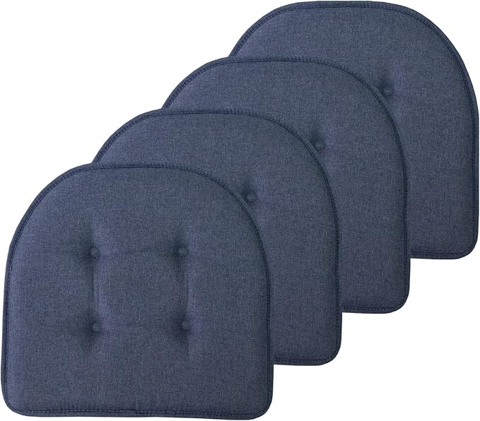 Sweet Home Collection Chair Cushion Memory Foam Pads Tufted Slip Non Skid Rubber Back U-Shaped 17" x 16" Seat Cover, Denim Blue 4 Count