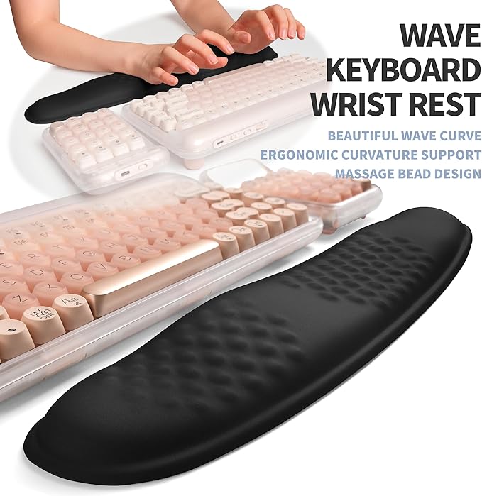 2-in-1 Ergonomic Set, Wave Keyboard Wrist Rest and Massage Slope Mouse Pad Wrist Support, Rebound Memory Foam for Relieve Carpal Tunnel Syndrome and Wrist Pain (Black)