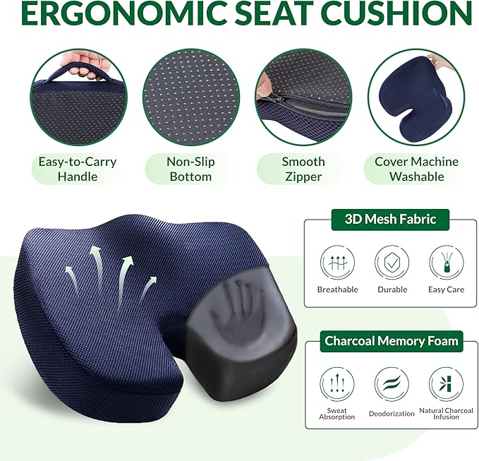 Charcoal Memory Foam Seat Cushion & Adjustable Lumbar Pillow Set - Back Support for Pain Relief (Sciatica,Tailbone),Washable & Non-Slip,Multipurpose for Office,Car,Wheelchair - Navy Blue