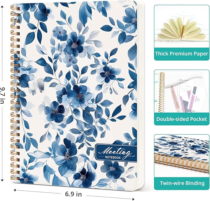 Meeting Notebook for Work Organization, Aesthetic Meeting Minutes Notebook for Work, Event Project Agenda Planner Organizer, Perfect for Office School Business Supplies, 6.9" X 9.7" - Blue Blossom