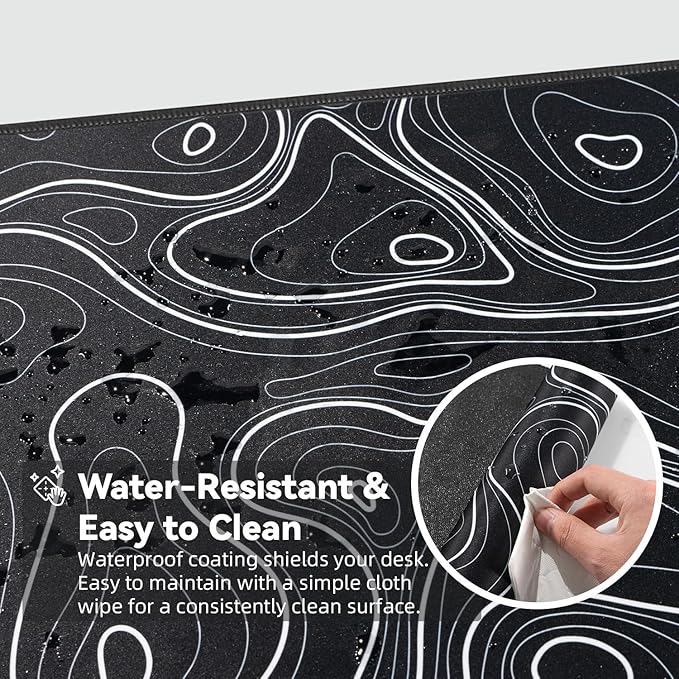Waterproof Large Gaming Mouse Pad with Durable Stitched Edges, Non-Slip Rubber Base, Smooth Surface Mouse Mat Desk Pad for Home Office Gaming, 31.5"x11.8"x0.12", Black Topographic Map