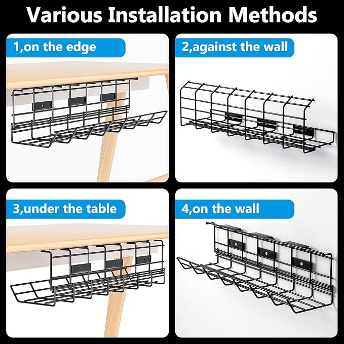 2 Pack DELAMU Under Desk Cable Management Tray, Metal Cord Cable Organizer for Desk, Easy Install Pre-drilled Wire Management Wire Organizer for Office & Home
