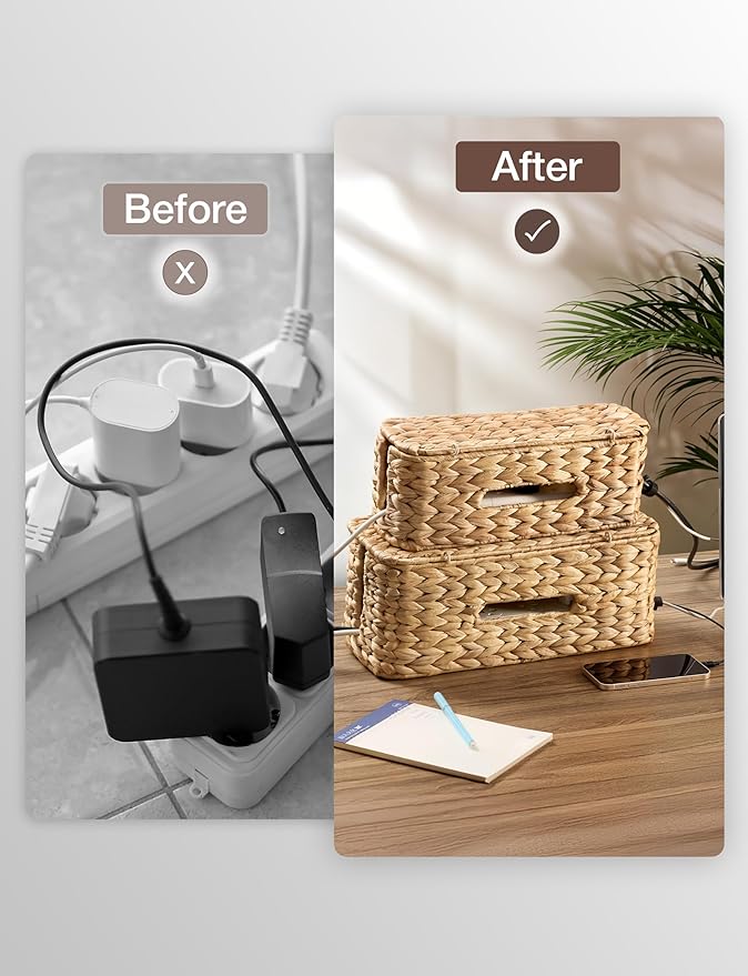Set of 2 Wicker Large Cable Management Box - Cord Box Hider for Home, Office - Water Hyacinth Cable Hider Box, Surge Protector Box for TV Wires, Computer - Power Strip Box - 3 Slots, Secure Lid
