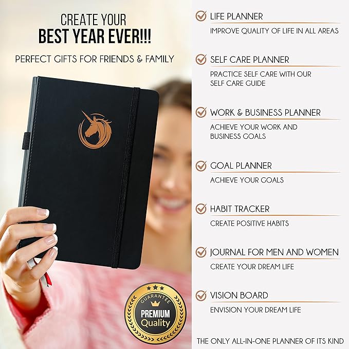 Life Planner - Undated Daily, Weekly & Monthly Planner with Budget Section | A 12 Month Journey to Increase Productivity & Happiness | Life Organizer & Gratitude Journal - Horizontal Format