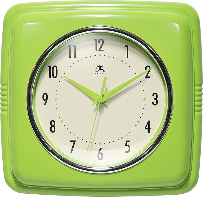 Infinity Instruments Retro Wall Clock – 9-Inch Square Silent Non-Ticking Mid-Century Modern Clock – Vintage Decorative Wall Clock for Kitchen, Office, or Diner – Apple Green