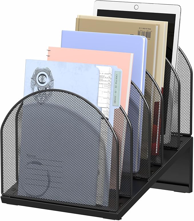 5-Section Desk File Organizer, Metal Mesh Folder Organizer for Documents, Mail & Office Papers (Black)