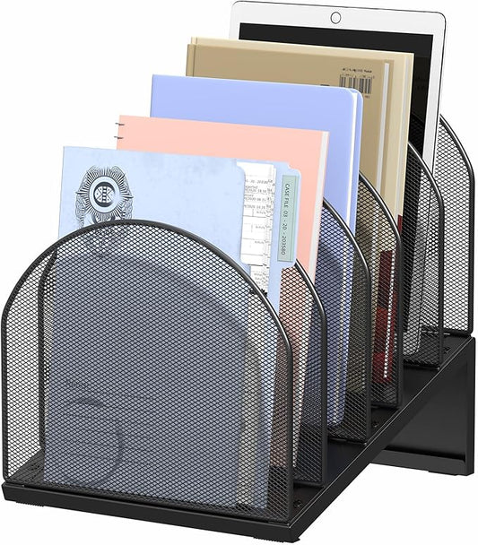 5-Section Desk File Organizer, Metal Mesh Folder Organizer for Documents, Mail & Office Papers (Black)