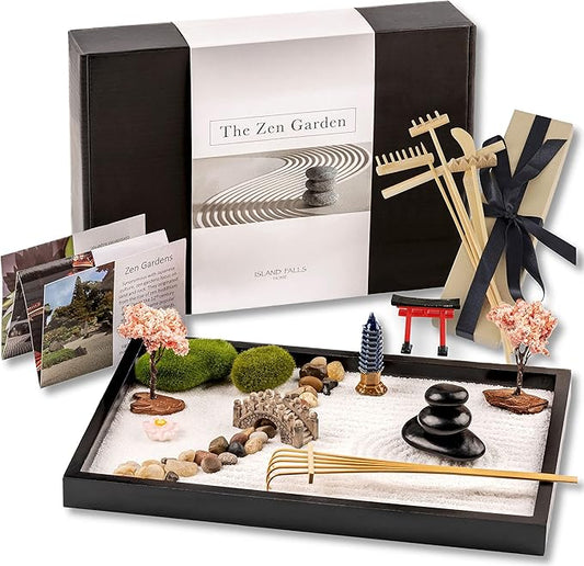 Zen Garden Kit 11x8in. Beautiful Japanese Decor Mini Rock Feature Gift Set for Home, Office Desk. Zen Sand Garden, 6 Tools, 15 Accessories. Sand Tray Therapy Desktop Meditation Room