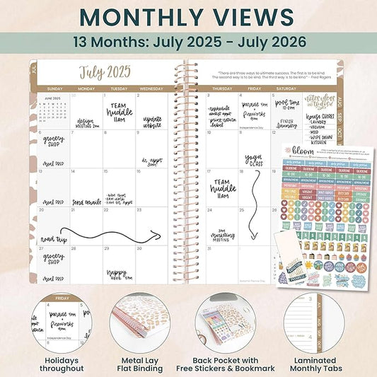 bloom daily planners 2025-2026 Academic Year Daily Planner (July 2025 - July 2026) - A5 Weekly & Monthly Calendar Agenda Organizer Book with Stickers - 5.5" x 8.25" - Tan Leopard