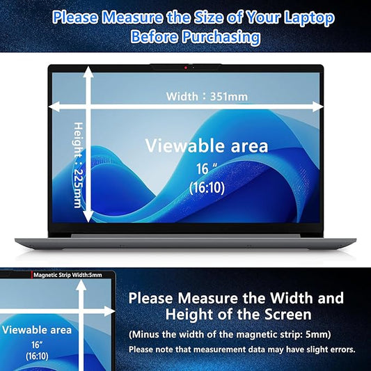 Magnetic Laptop Privacy Screen 16 Inch 16:10 Removable Notebook Laptop Privacy Filter Shield and Protector [Anti-Spy/Glare] Film for 16 inch (Width x Height: 351mm x 225mm)