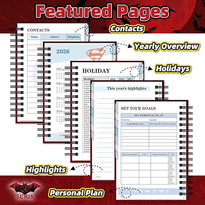 Hardcover Spiral Notebook Journal with 12 Dividers Tabs Weekly&Monthly Planner Productivity Journal Superhero Theme Leather Organizer for Work School Adults Teens and Professionals (BATM-RED)