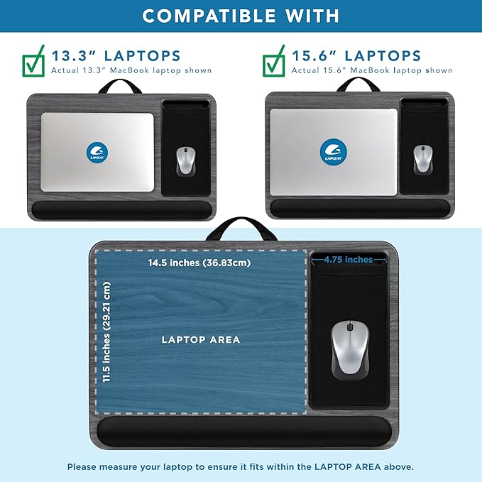 LAPGEAR Home Office Pro Lap Desk with Wrist Rest, Mouse Pad, and Phone Holder - Gray Woodgrain - Fits up to 15.6 Inch Laptops - Style No. 91595