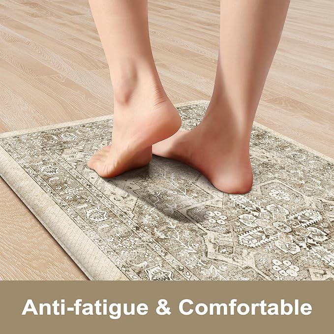 KIMODE Anti Fatigue Kitchen Mat, Cushioned Boho Oriental Kitchen Runner, Non Slip Waterproof Kitchen Mat for Floor, Comfort Foam Standing Desk Mat for Laundry, Office, Sink Khaki 17.3"x59"
