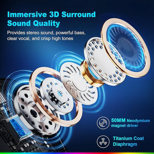 Wireless Gaming Headset with Microphone for PC, PS5, PS4, Bluetooth Gaming Headphones - Fast Charge 50Hr Battery, Cool LED Lights for Switch, Laptop, Mobile, Mac 2.4GHz Gamer Headset