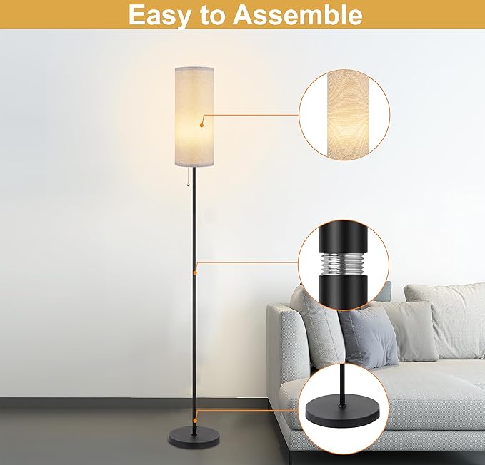 Floor Lamp for Living Room, Modern Standing Lamps with Lampshade, Minimalist Tall Lamp with Chain Switch for Living Room, LED Bulb Included (Gray Shade)