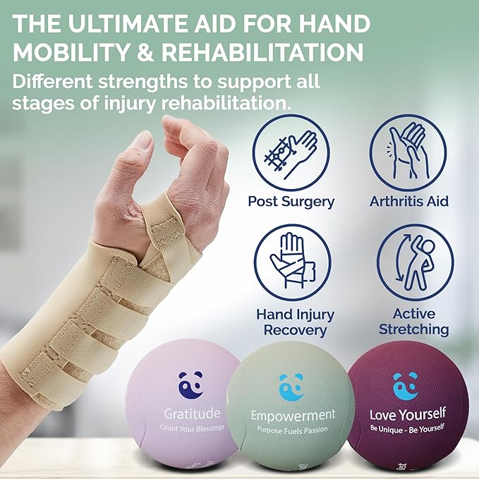 Mind & Body Stress Balls for Adults - Triple Density Squeeze Balls for Hand Therapy & Grip Strengthening - Stress & Anxiety Relief - Physical Therapy Support - Soft, Medium, Hard Gel Core