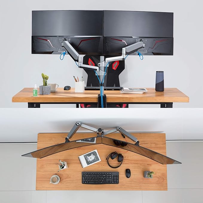 AVLT Dual 13 to 27 in Stacked Monitor Arm Desk Mount, Fits Two Flat or Curved Screens, Full Motion Height Adjustable Swivel Tilt Rotation, VESA C-Clamp Grommet Cable Management